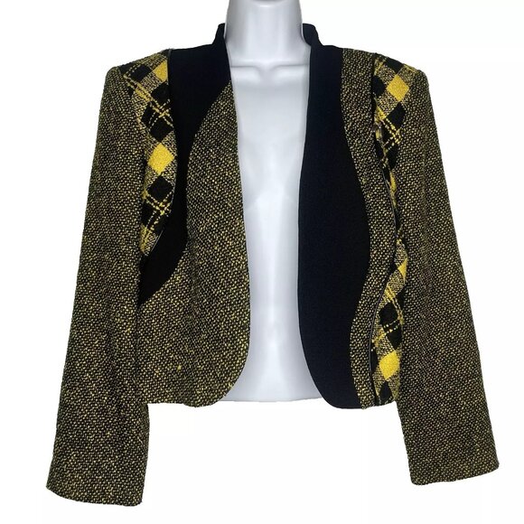 City Girl Jackets & Blazers - Vintage 90s City Girl Black Yellow Tweed Plaid Cropped Open Front Blazer Size 6